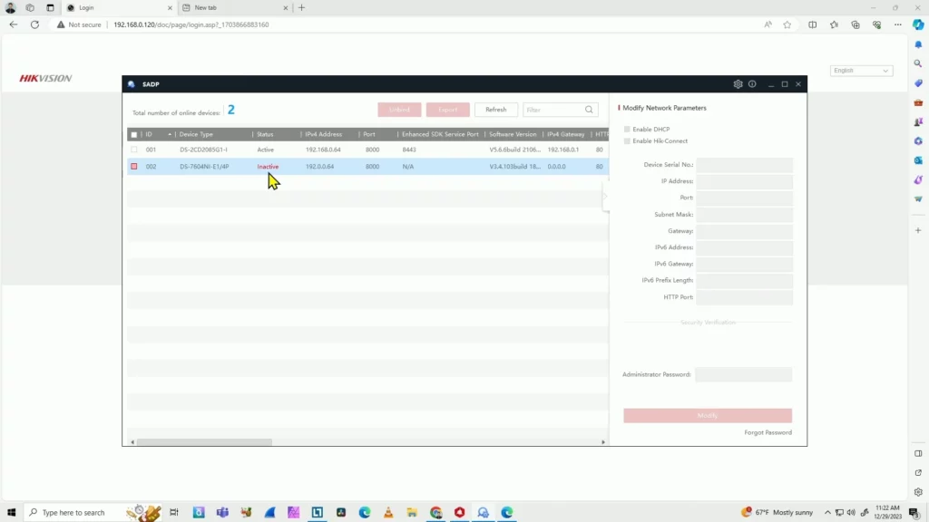 SADP Tool showing Hikvision NVR listed as Inactive on the network