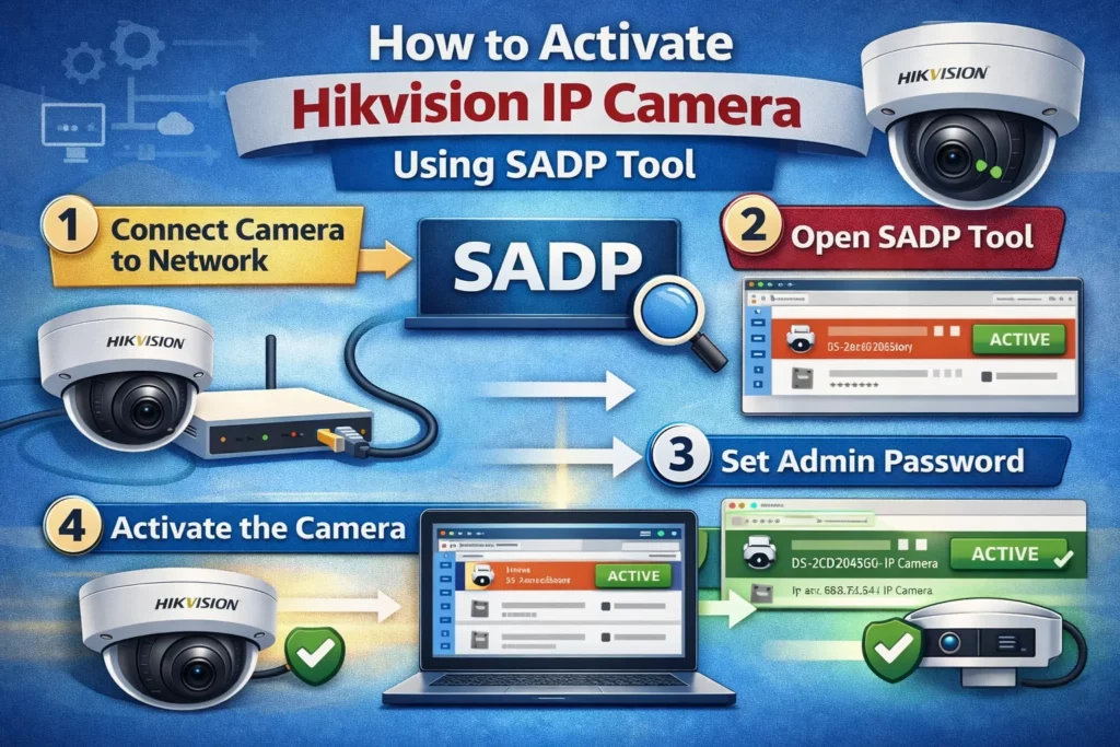 SADP activation dialog with admin password and confirm fields for a Hikvision IP camera