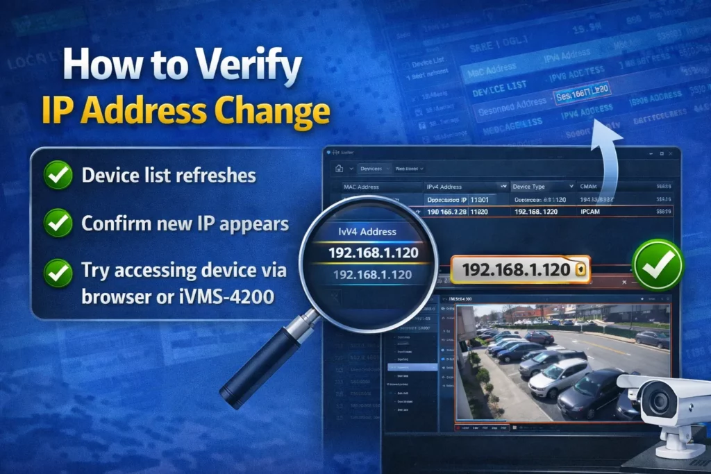 SADP Tool dialog for editing camera or NVR IPv4 address, subnet mask, gateway, and DNS before saving with Modify