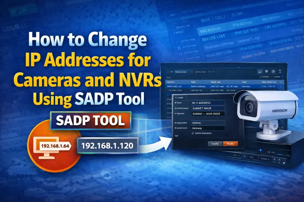 SADP Tool listing Hikvision cameras and NVRs with network fields ready to change IP address