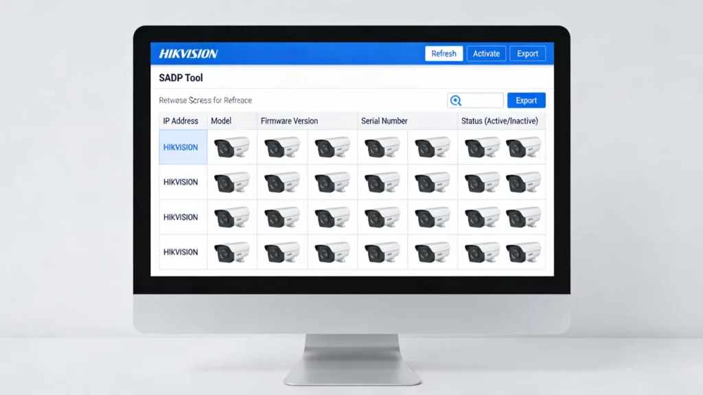 SADP tool main window listing discovered Hikvision devices with IP address, status, model, and network details