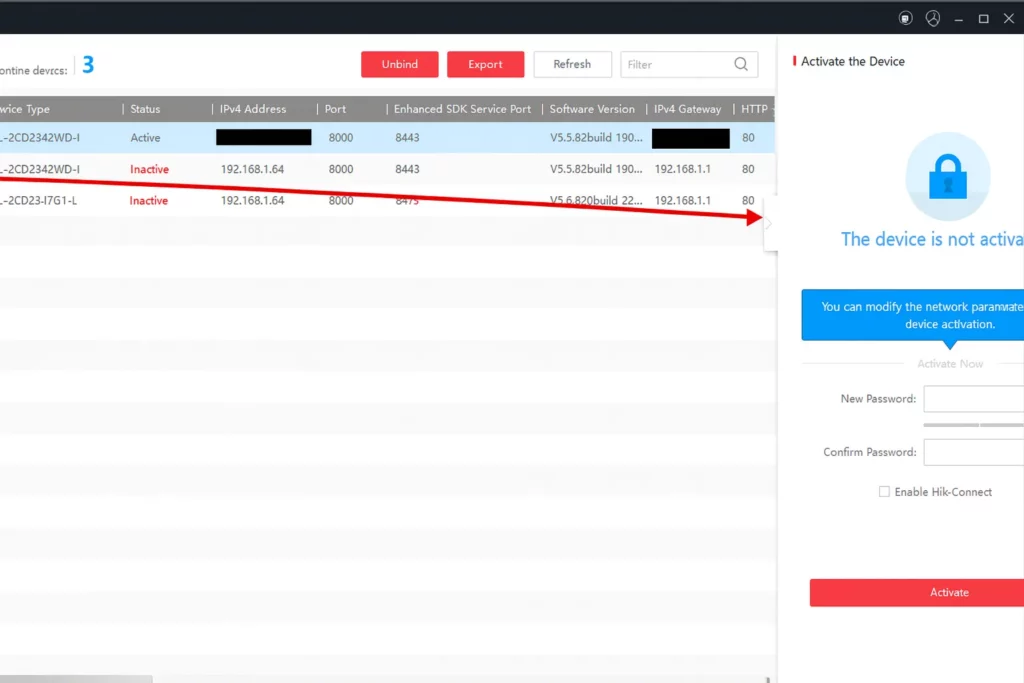 SADP tool activation workflow showing an inactive device and password fields before activating