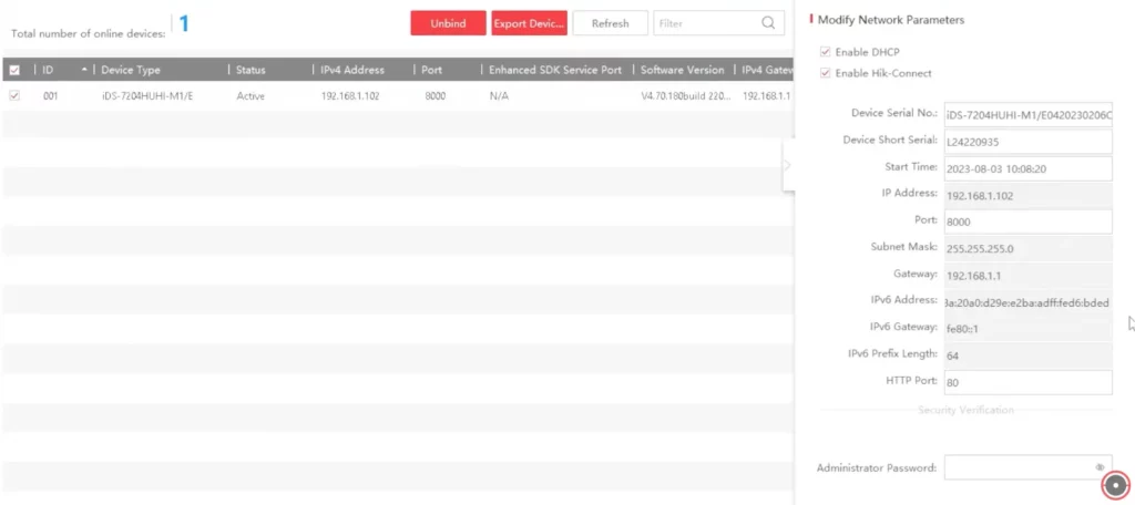 SADP device list with a Hikvision device selected, serial number visible, and Active status for password reset