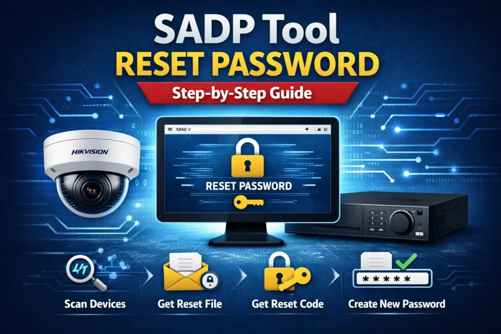 SADP tool on a PC discovering Hikvision devices for password reset with Export Import Secret Key