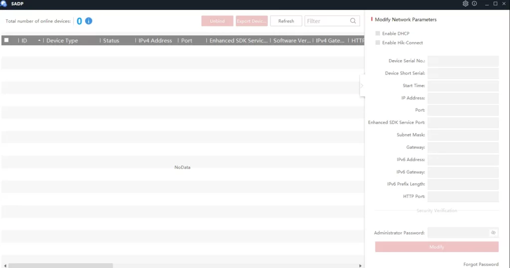 SADP (Search Active Device Protocol) tool interface for discovering and managing Hikvision devices on a local network
